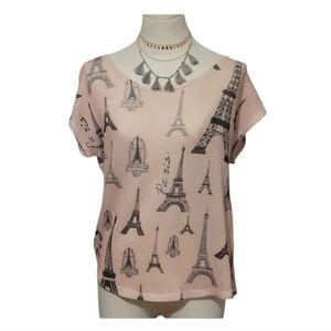 Blu Planet Pale Pink Black Paris France Eiffel Tower Knit Blouse Size Large